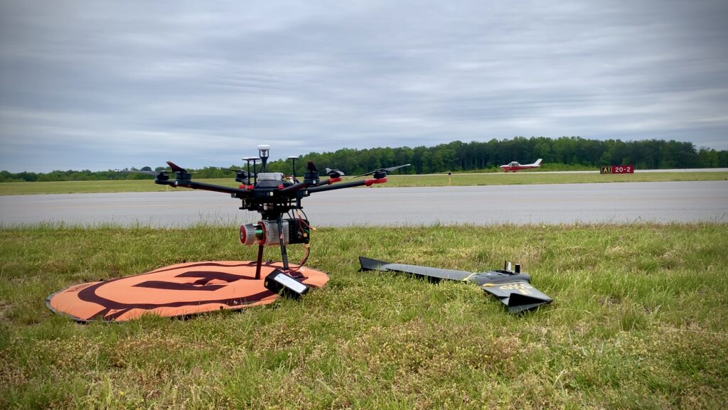 RiEGL VUX-1LR LiDAR on DJI M600 Pro with eBee X fixed-wing drone at airport during mapping project